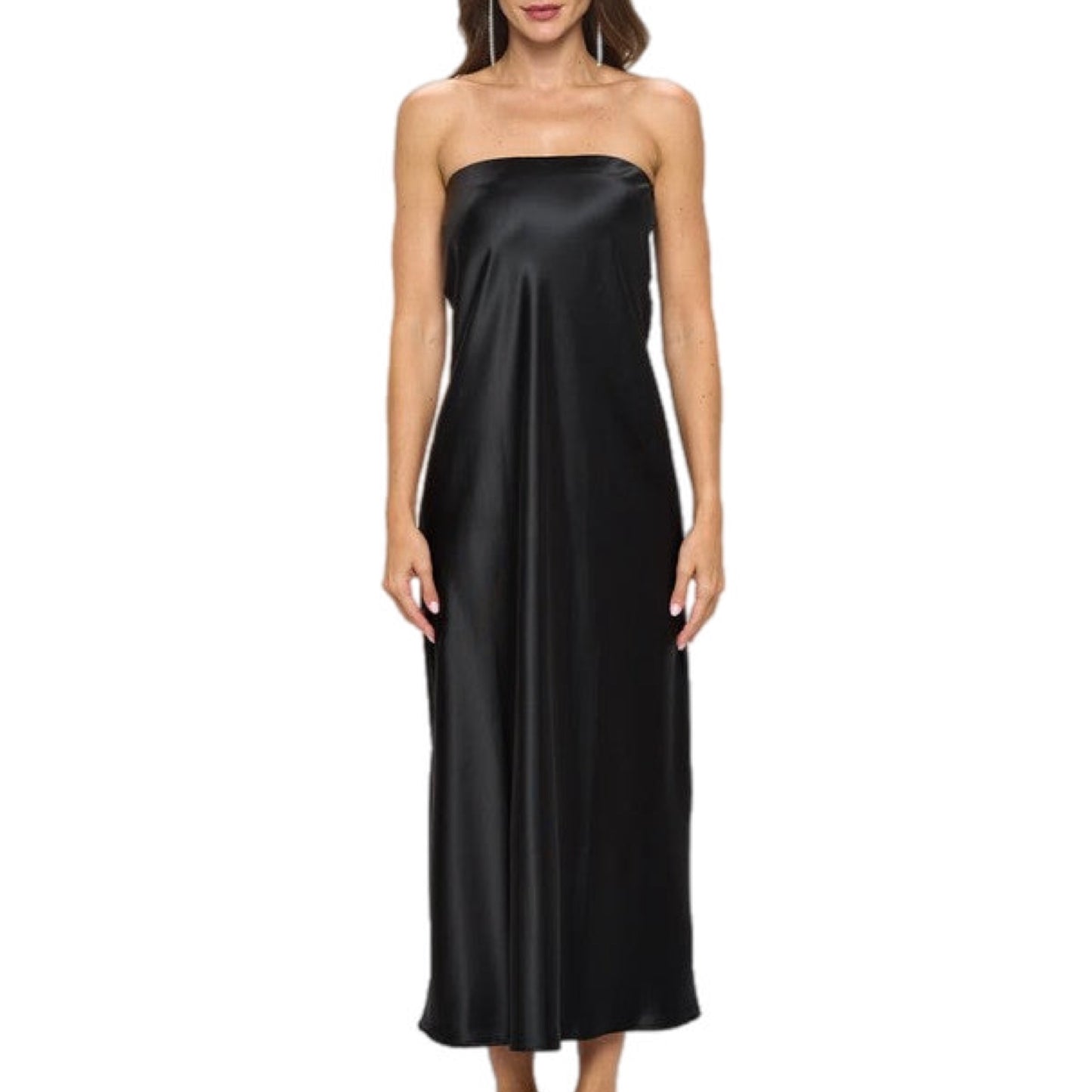 Black Silky Satin Tube Draped Dress.