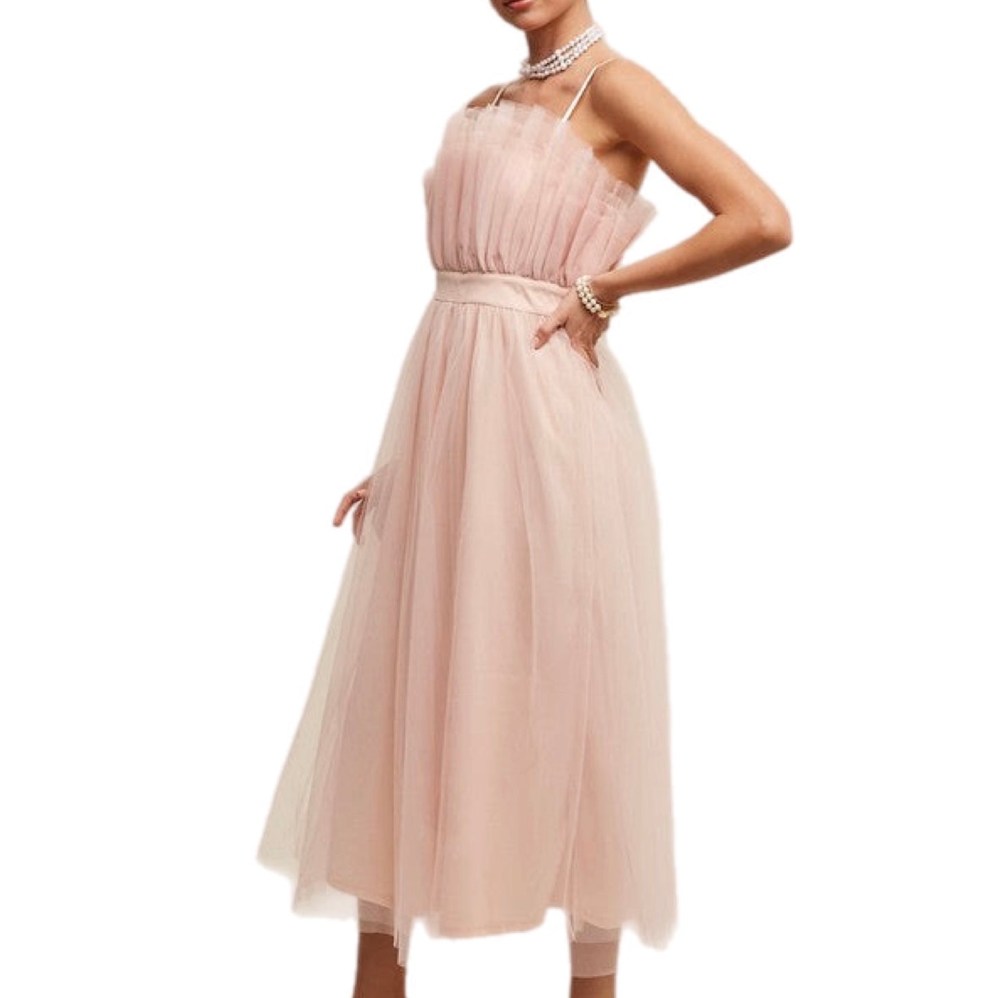 Paper Bag Frill Pink Tulle Maxi Dress