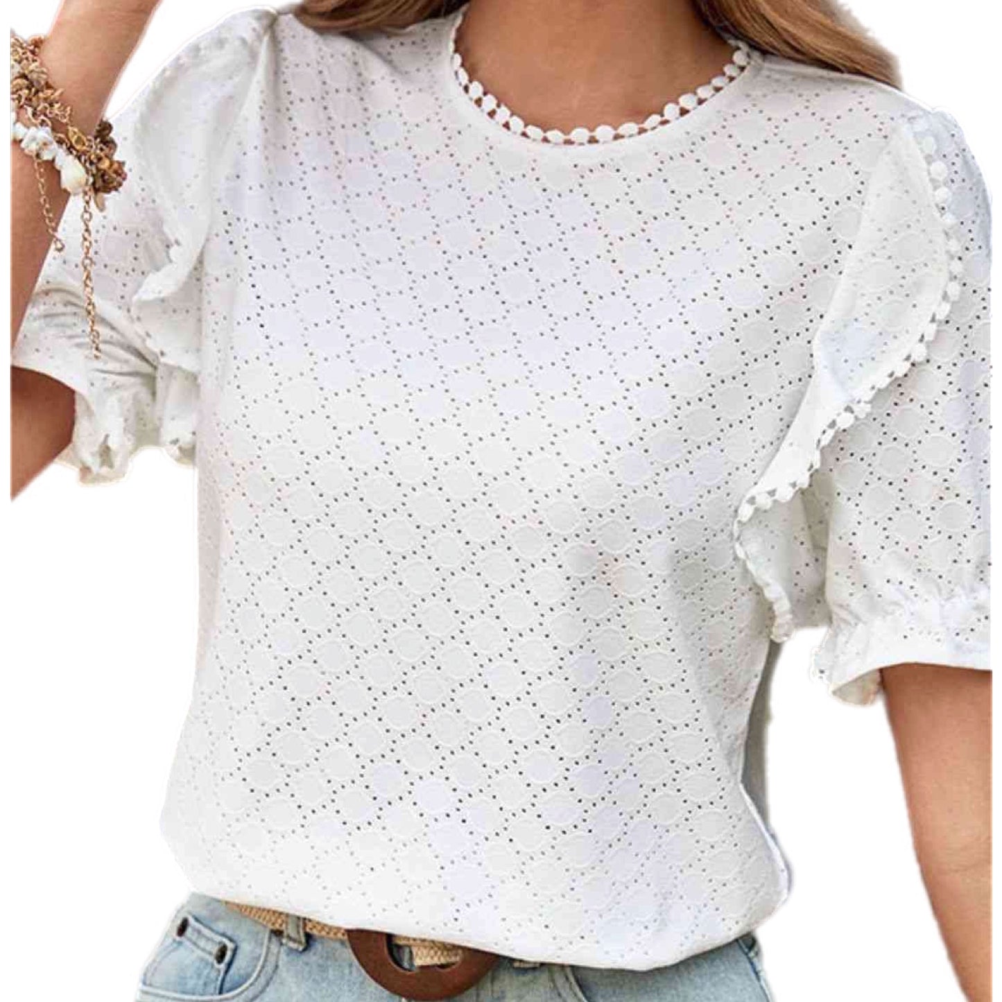 Pom Pom Openwork Flounce Sleeve Blouse