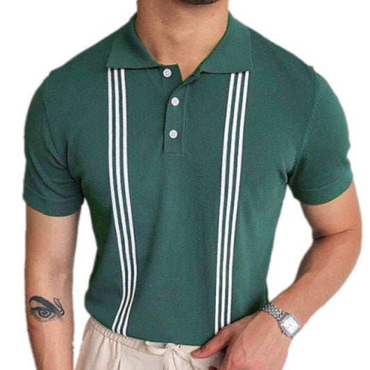 Green Striped Short Sleeve Slim Fit Polo