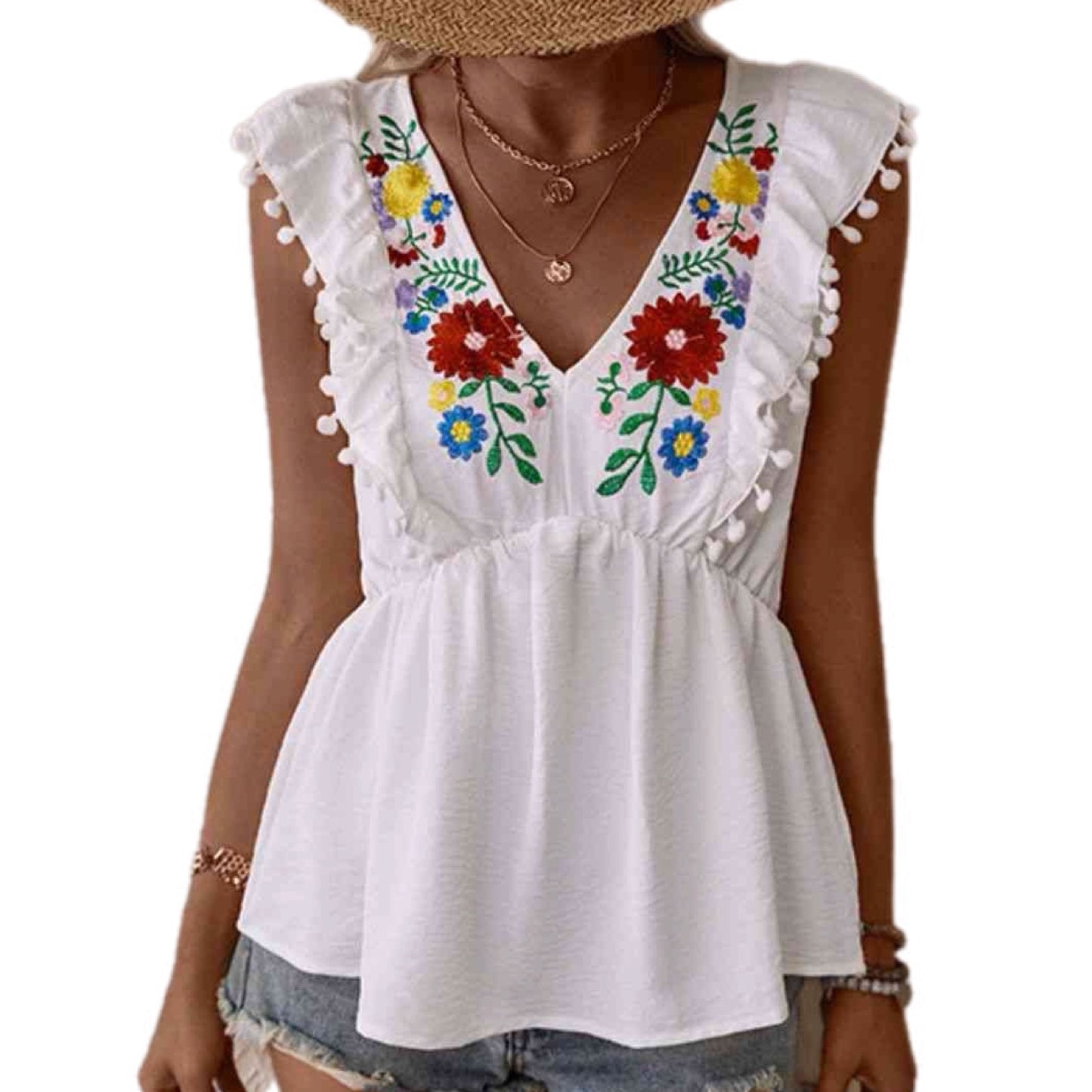 Embroidered Pom-Pom Trim Babydoll Top