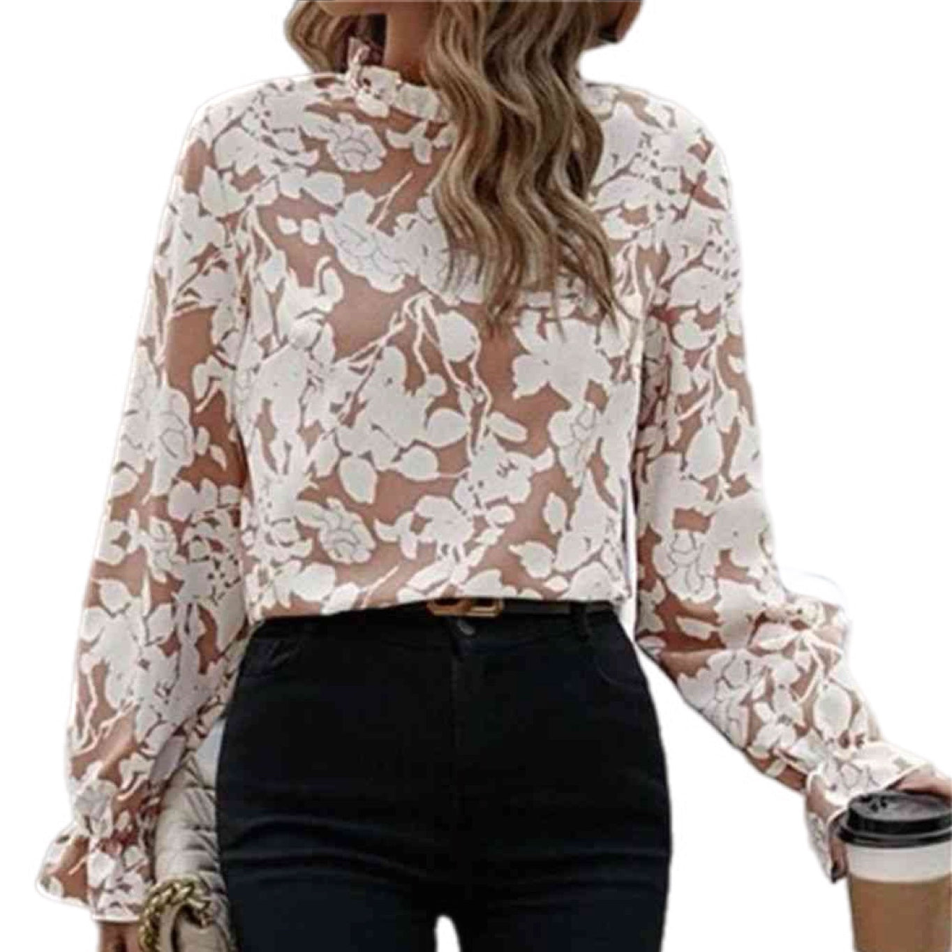 Floral Mock Neck Flounce Sleeve Blouse