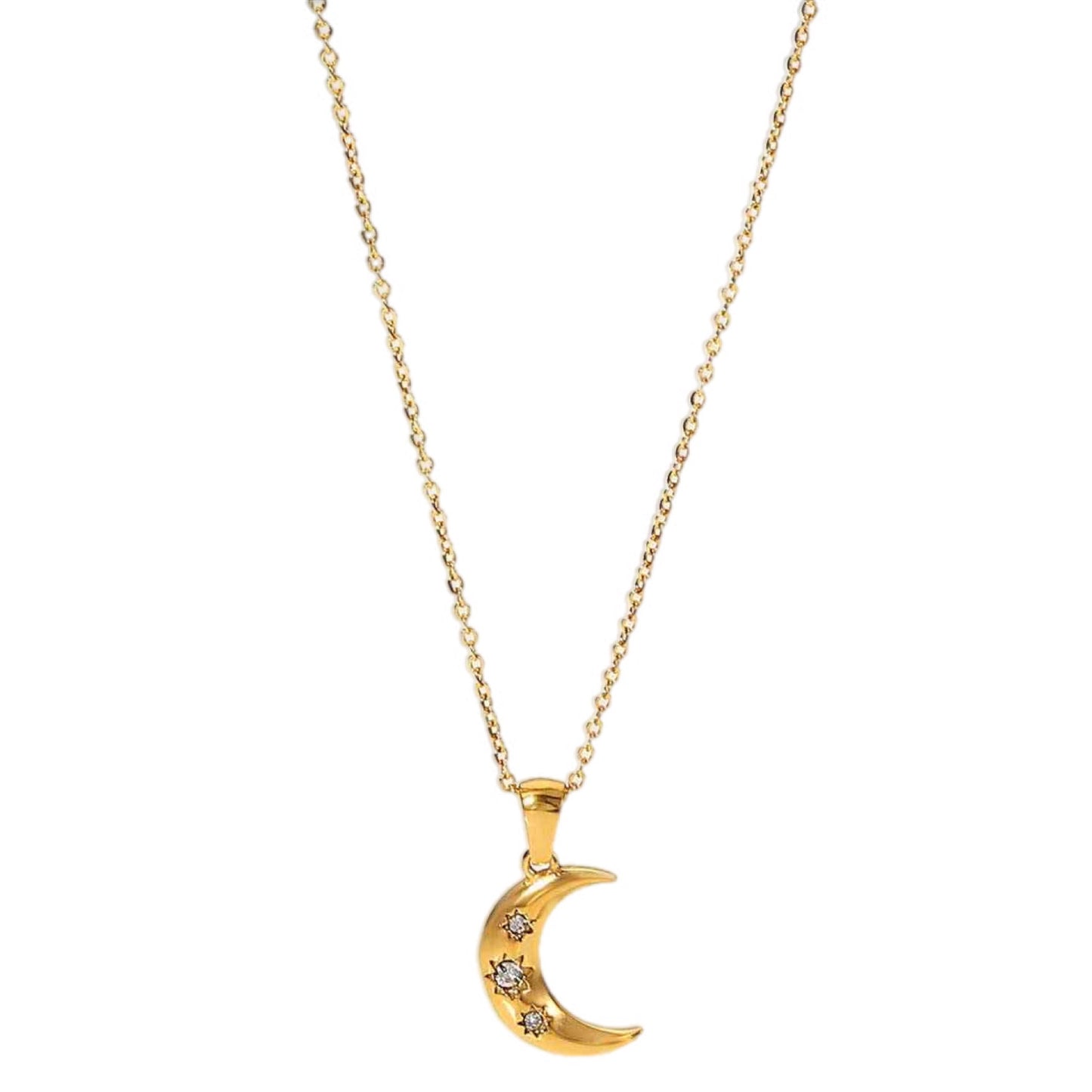 Gold Crescent Moon with CZ Charm Necklace