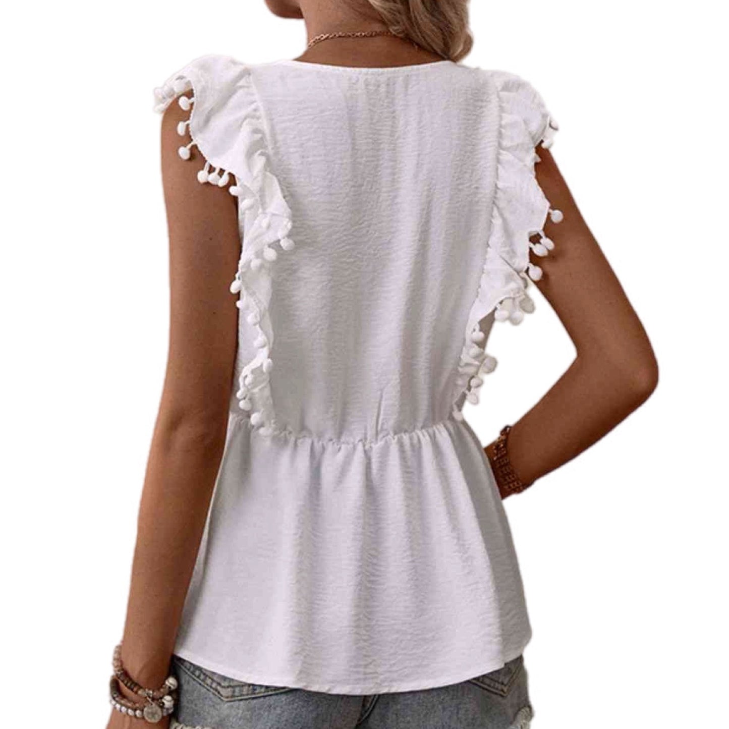 Embroidered Pom-Pom Trim Babydoll Top