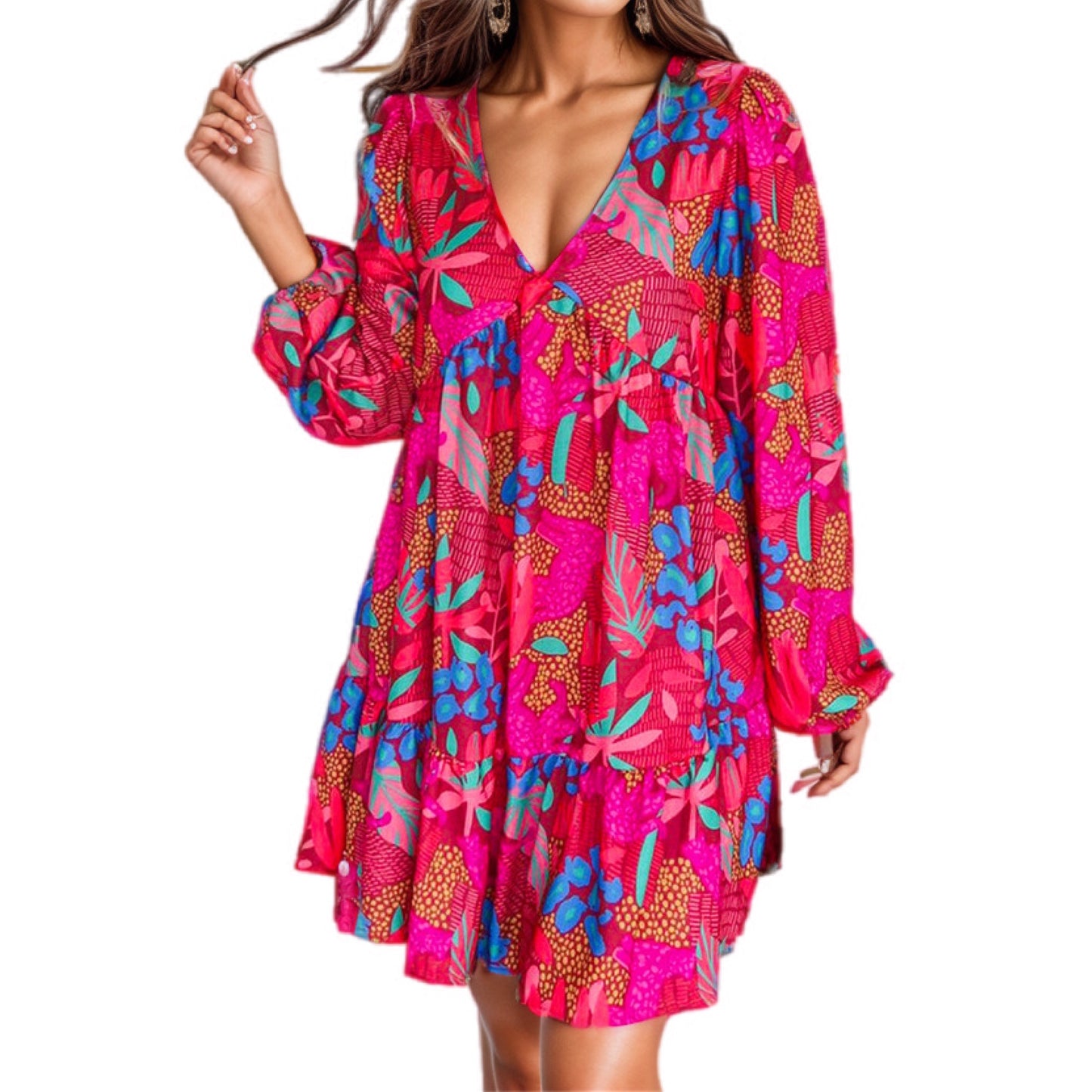 Vibrant Floral V-Neck Bell Sleeve Mini Dress