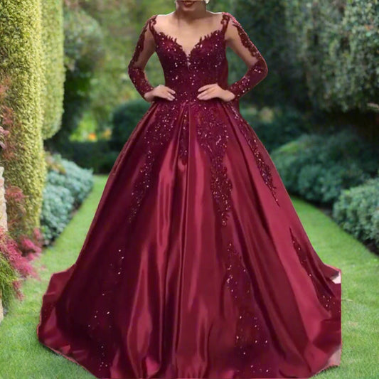 Red Long Sleeve Evening Gown