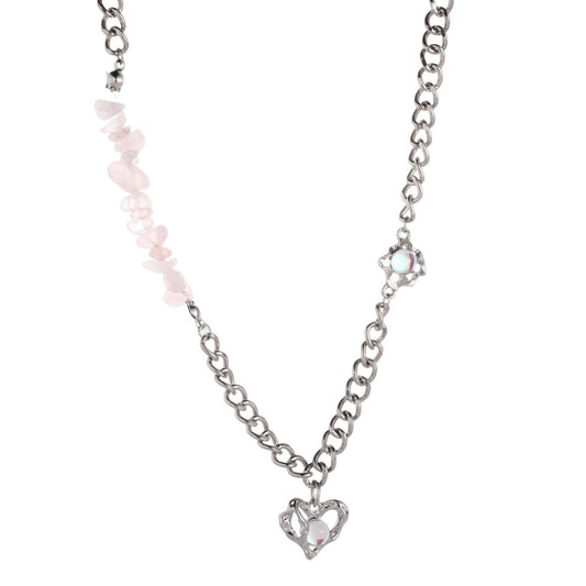 Rose Quartz Heart Silver Steel Charm Necklace