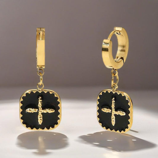 Black & Gold Cross Drop Earrings