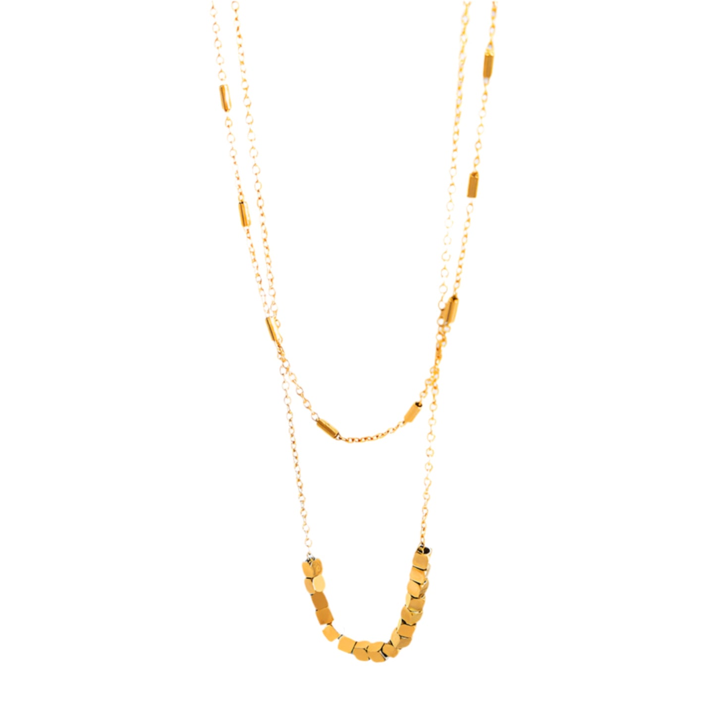 Gold Steel Cube Charm Layered Necklace