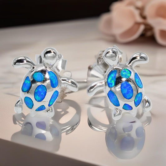 Blue Opal Turtle Stud Earrings