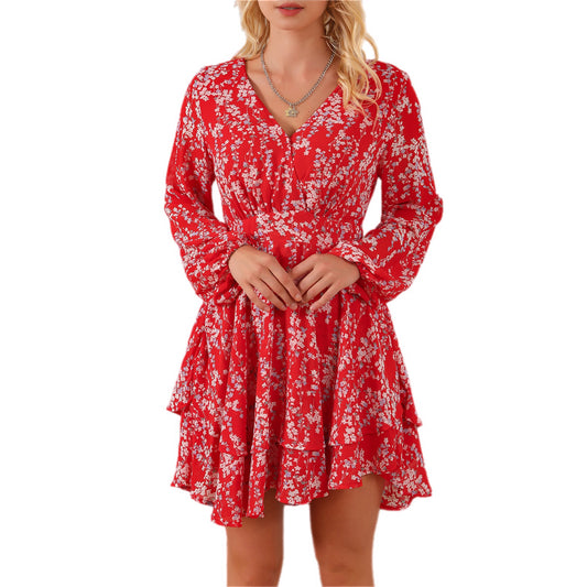 Red Floral V-Neck Ruffle Mini Dress