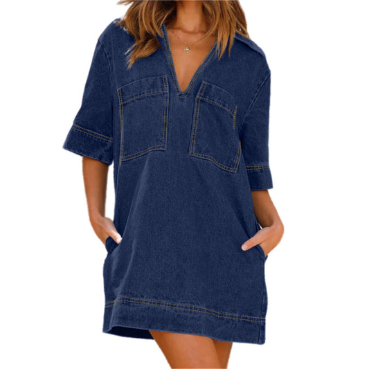 Casual V-Neck Denim Shift Dress