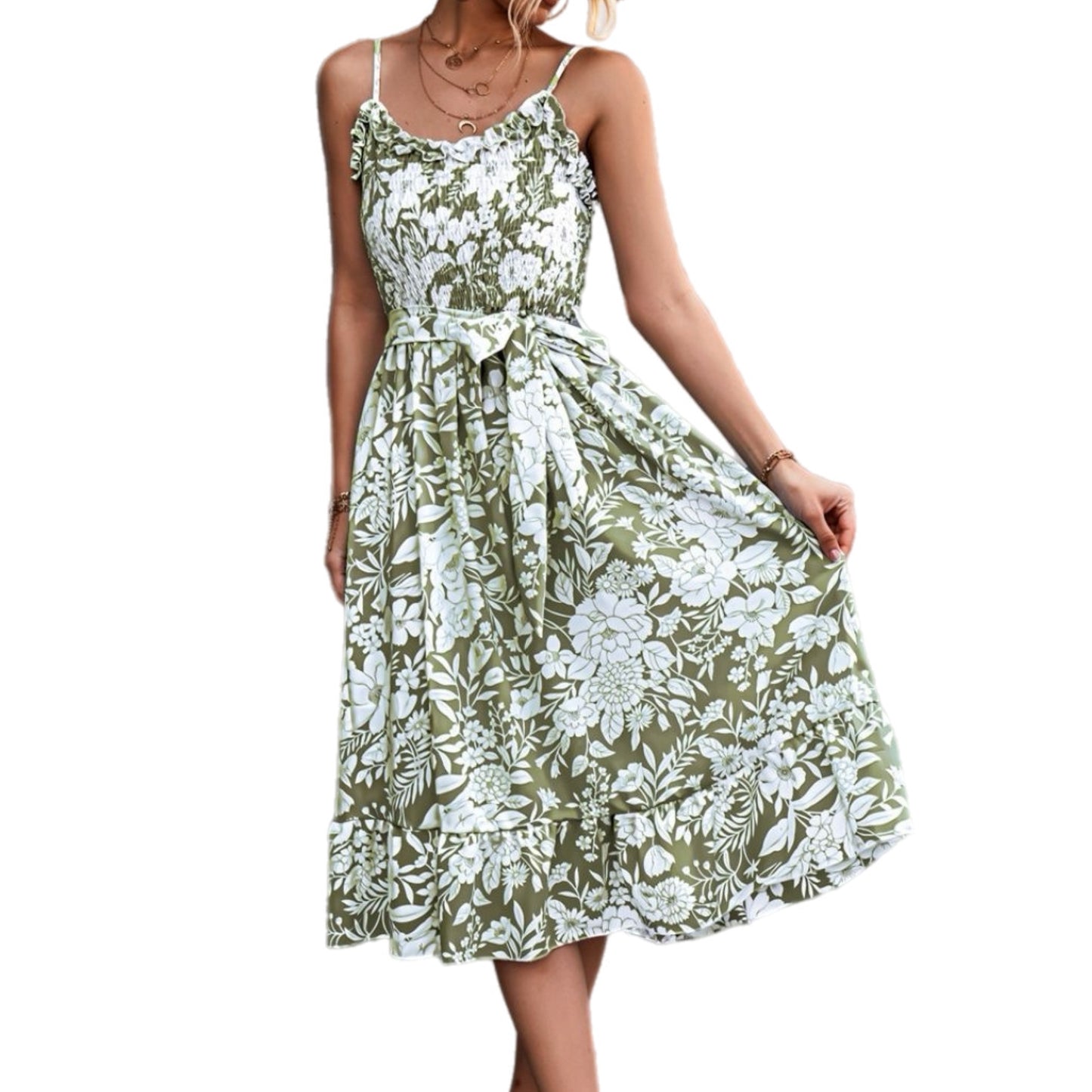 Botanical Print Smocked Midi Dress