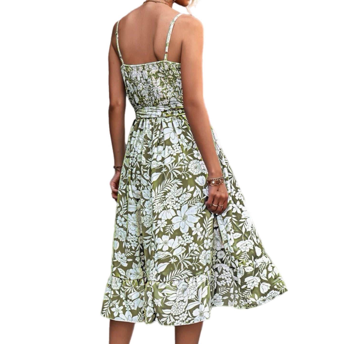 Botanical Print Smocked Midi Dress