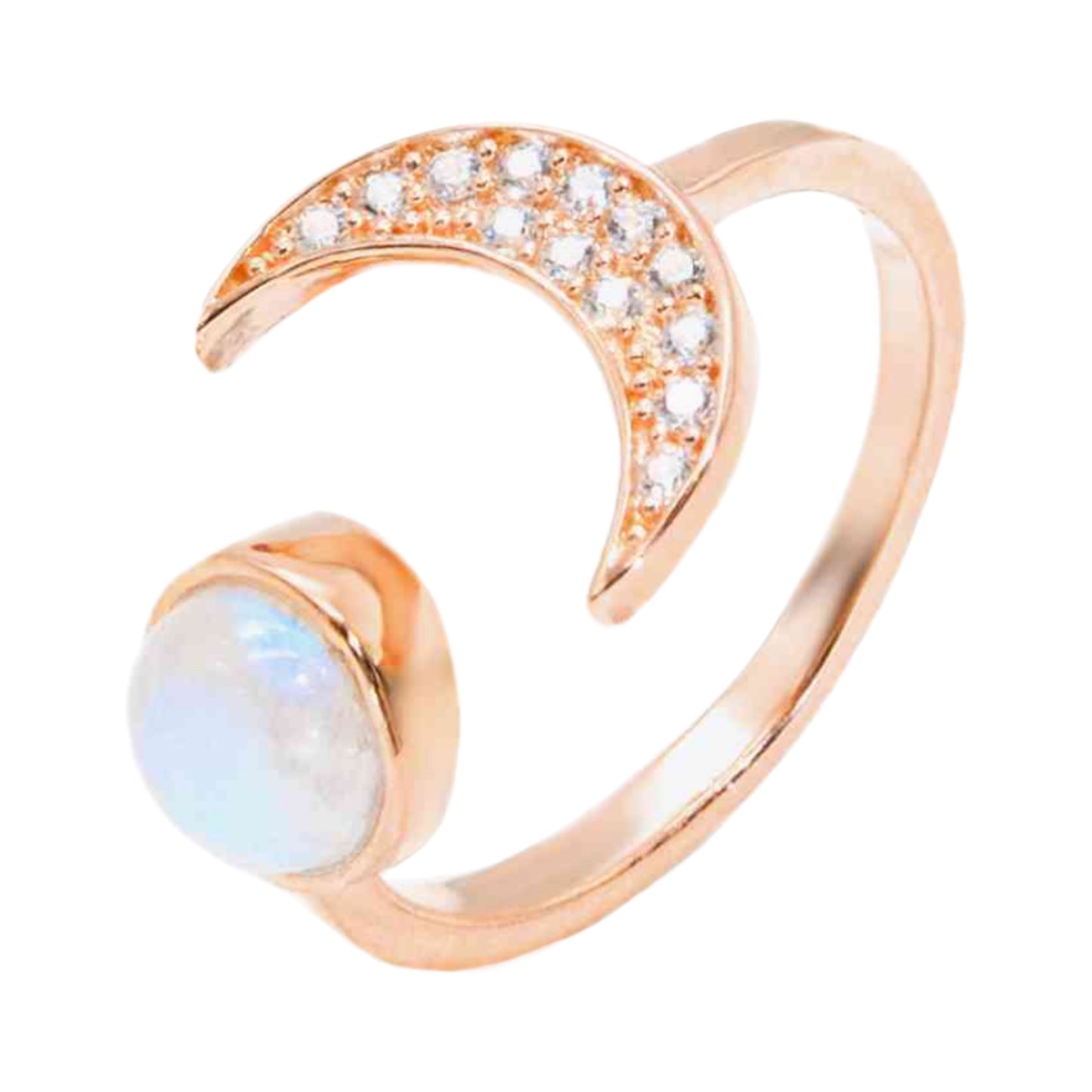 Rainbow Moonstone Crescent Moon Rose Gold Cuff Ring