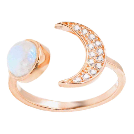 Rainbow Moonstone Crescent Moon Rose Gold Cuff Ring