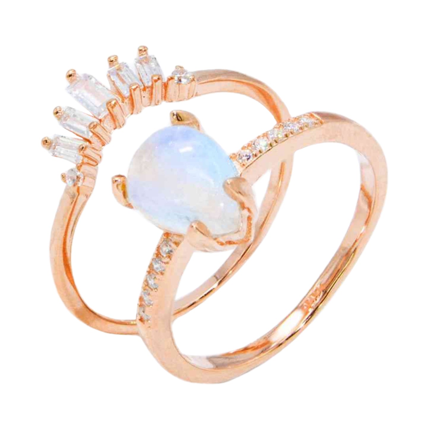 Rainbow Moonstone Teardrop Rose Gold Ring Set