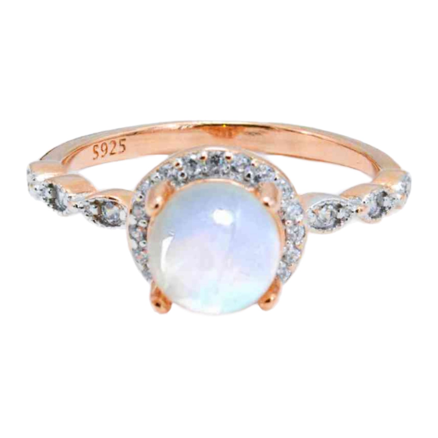 Rainbow Moonstone Solitaire Halo Rose Gold Ring