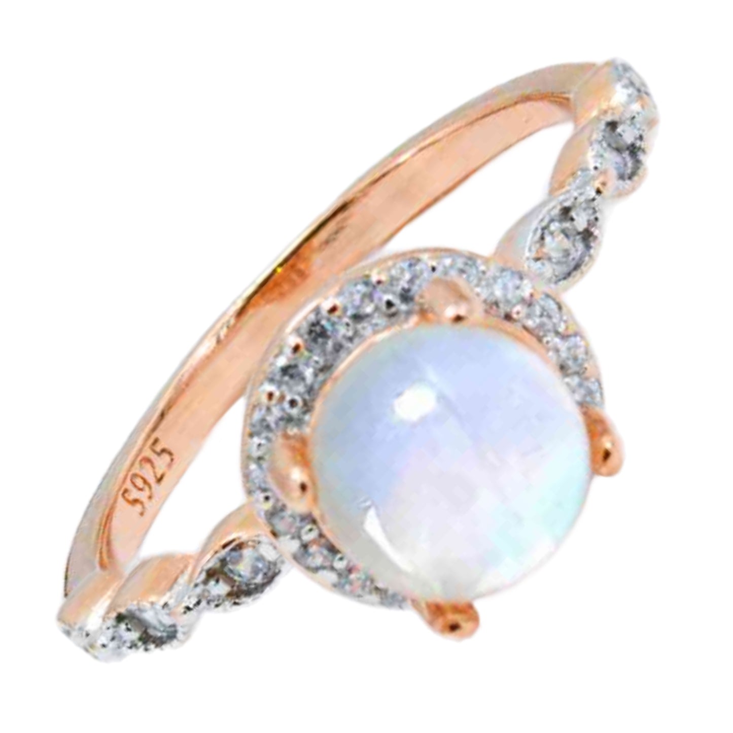 Rainbow Moonstone Solitaire Halo Rose Gold Ring