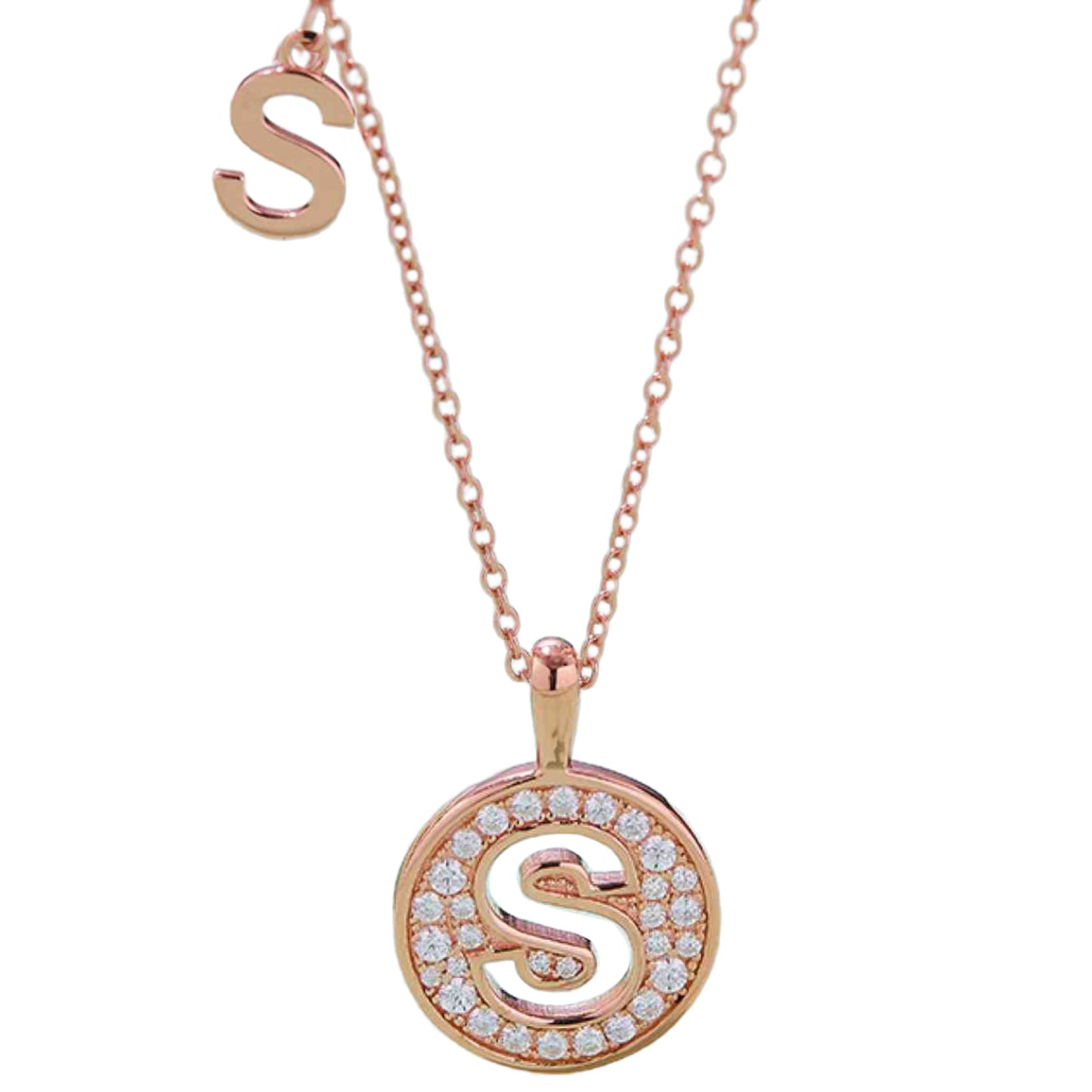 Rose Gold Initial Coin Charm Necklace - M to T