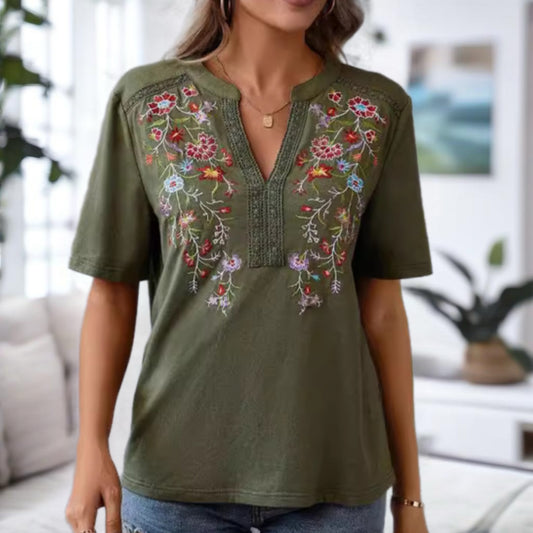 Flower Embroidered V-Neck Top