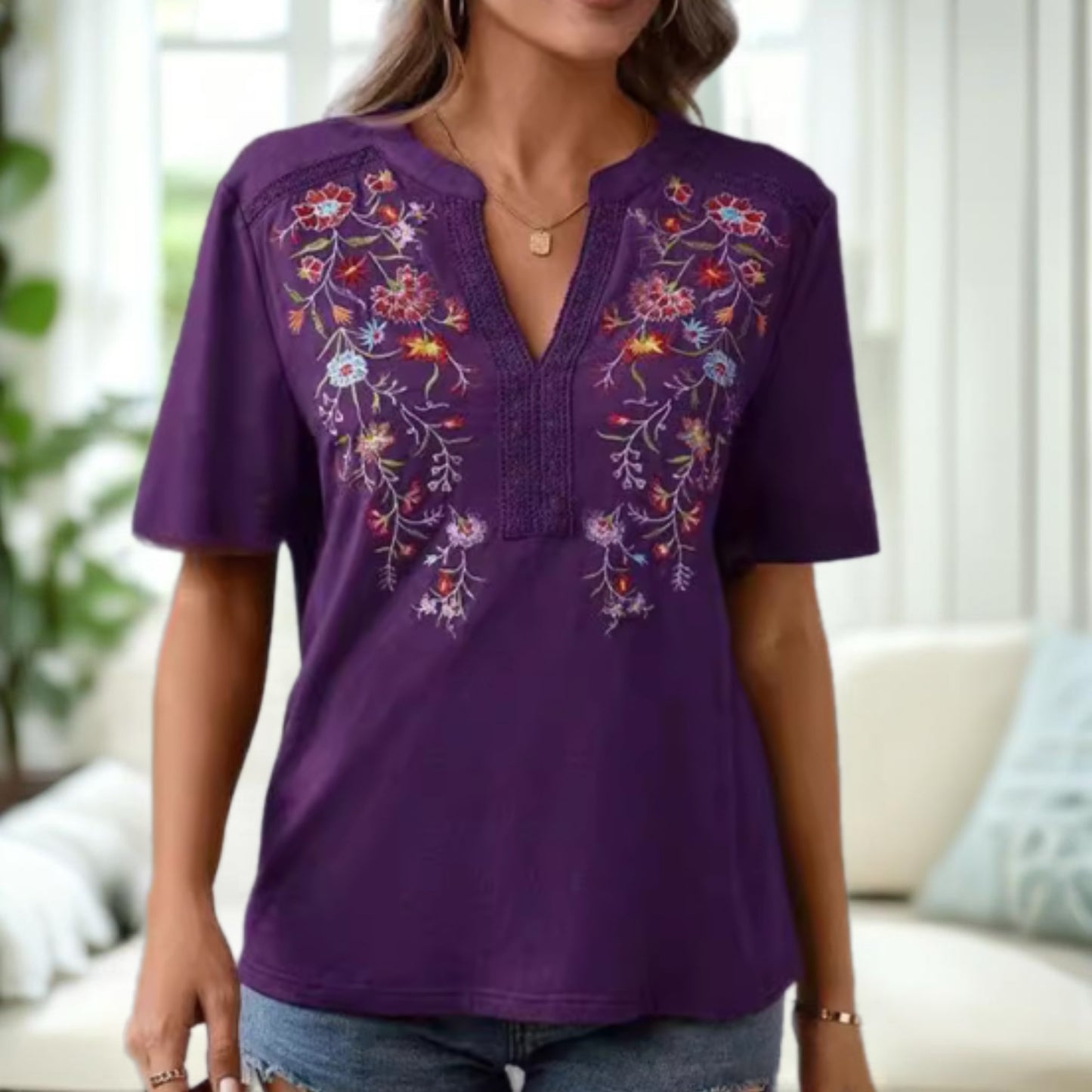 Flower Embroidered V-Neck Top