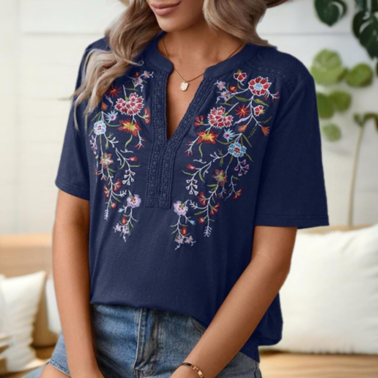 Flower Embroidered V-Neck Top