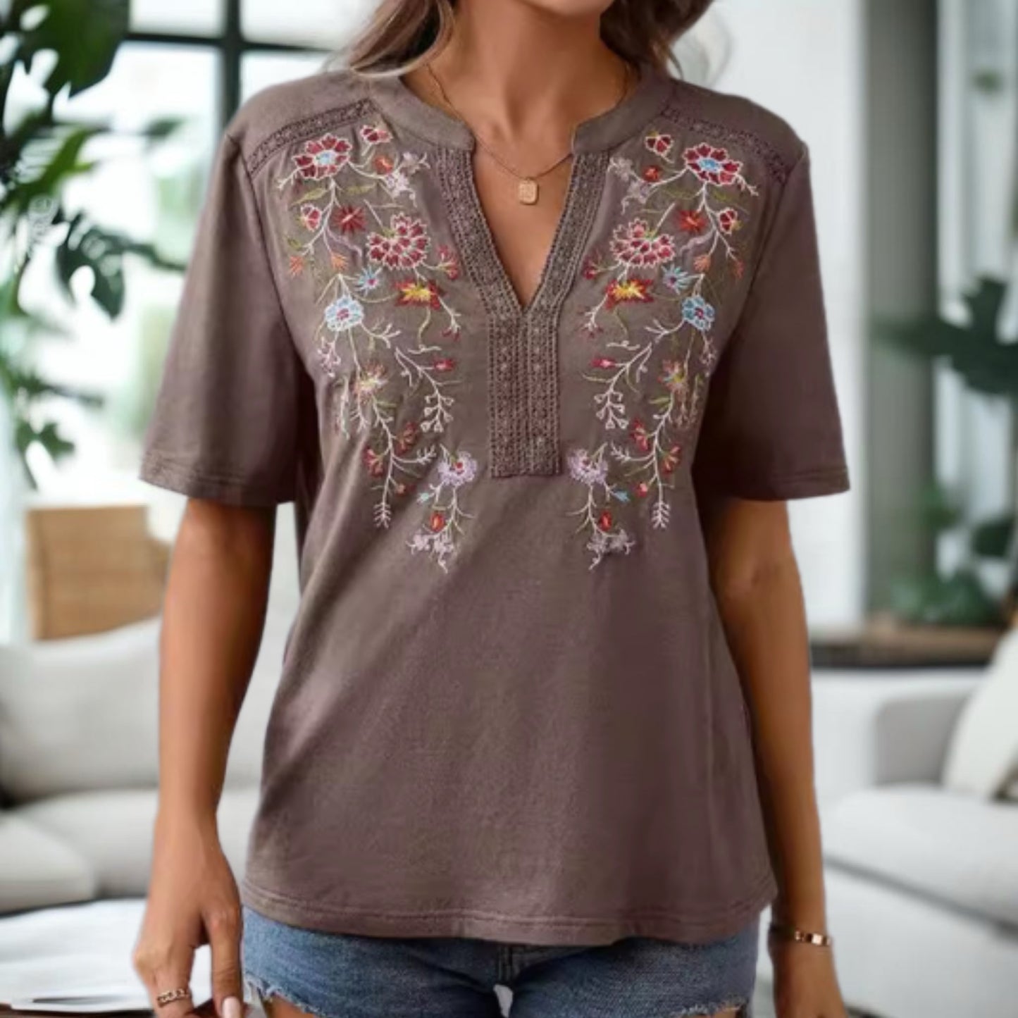 Flower Embroidered V-Neck Top