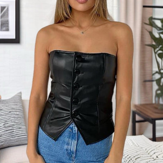 Vegan Leather Button Up Tube Top