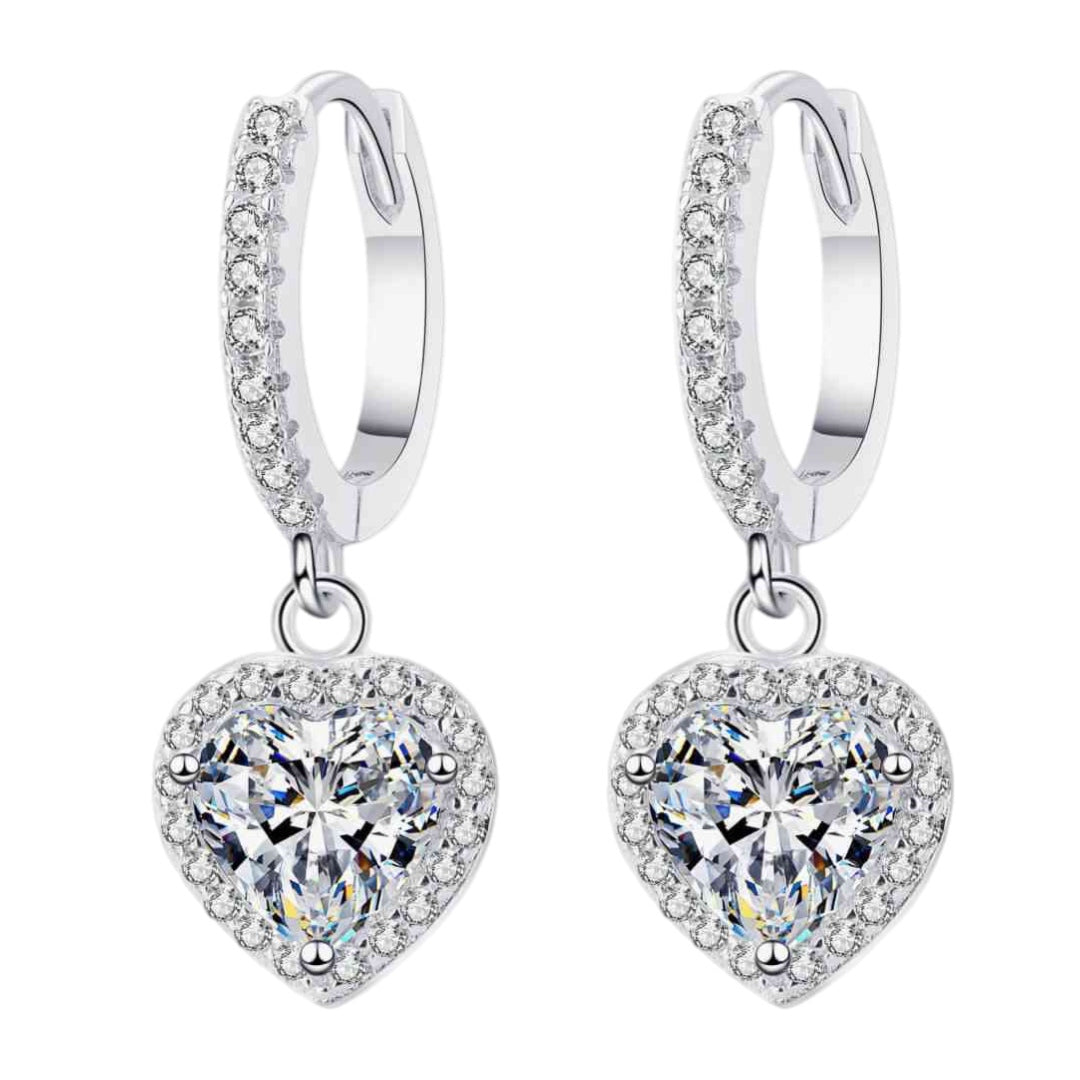 Moissanite Heart Sterling Silver Dangle Hoop Earrings