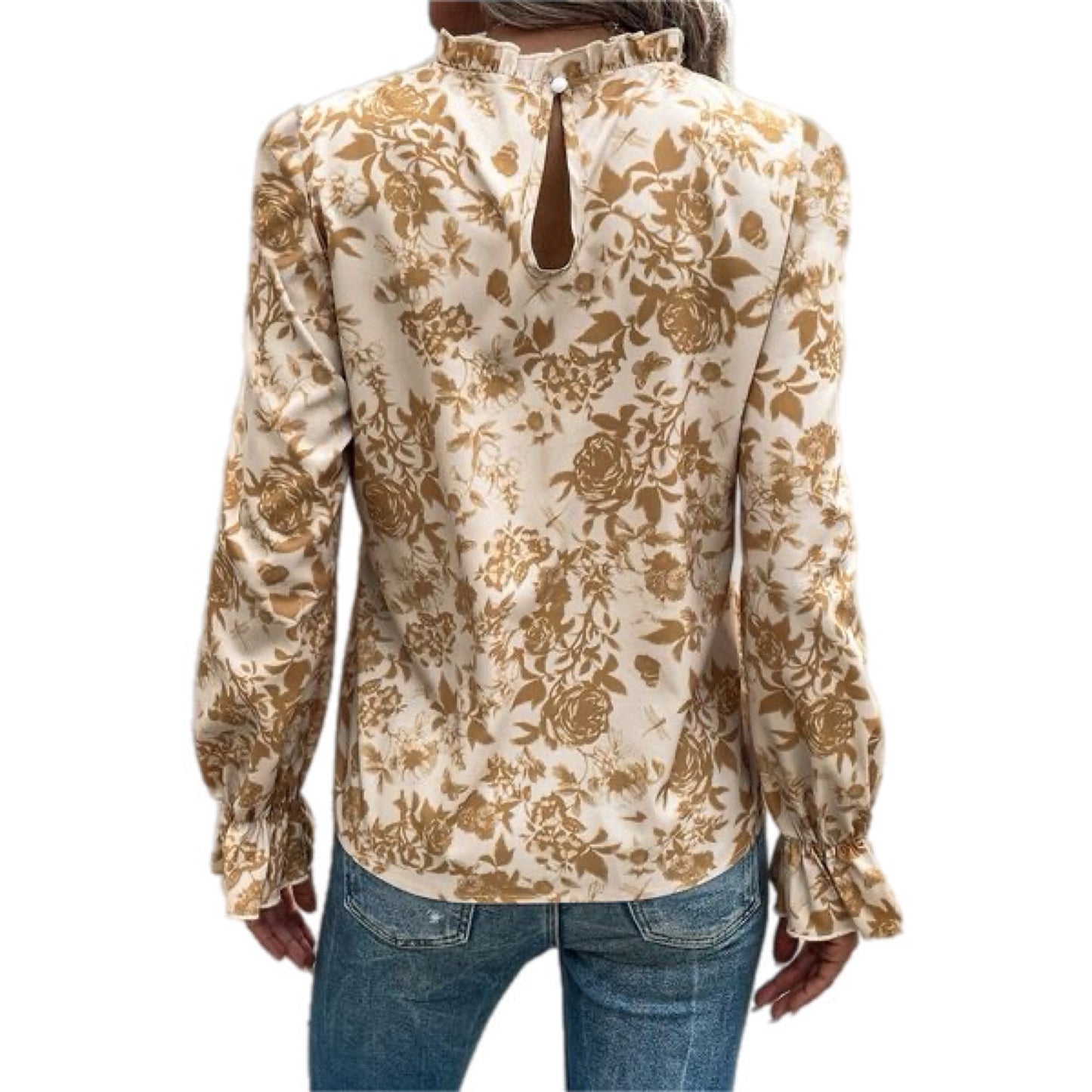 Floral Mock Neck Flounce Sleeve Blouse