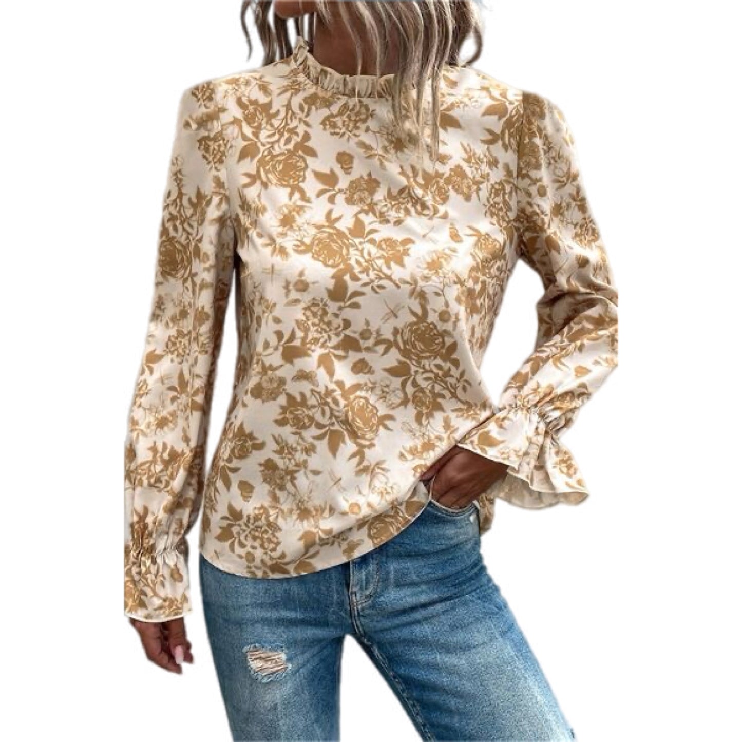 Floral Mock Neck Flounce Sleeve Blouse