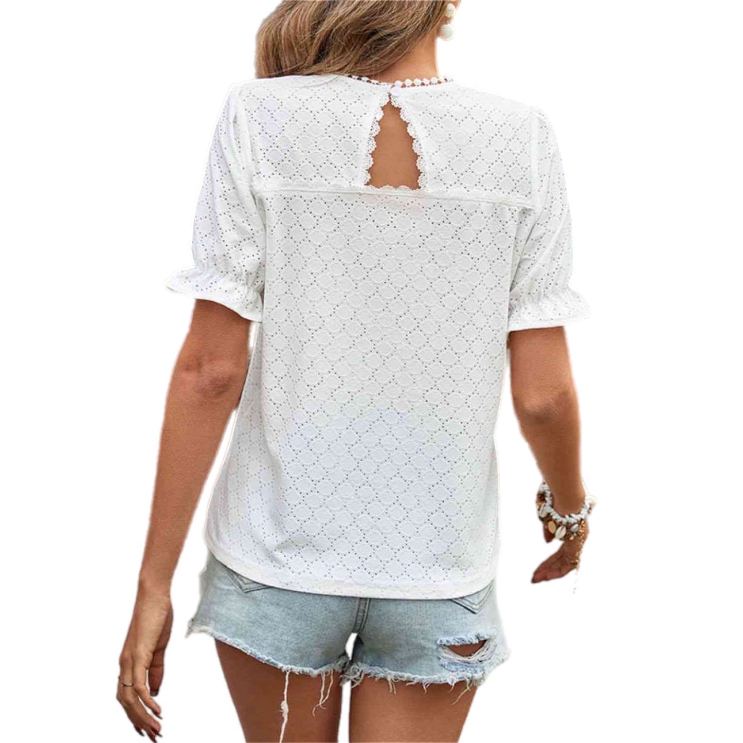 Pom Pom Openwork Flounce Sleeve Blouse