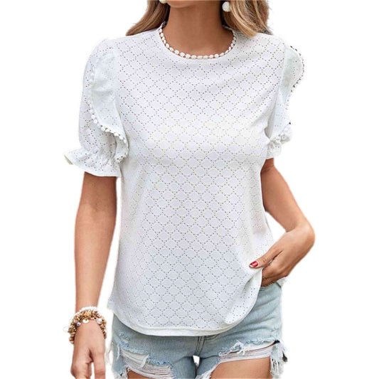 Pom Pom Openwork Flounce Sleeve Blouse