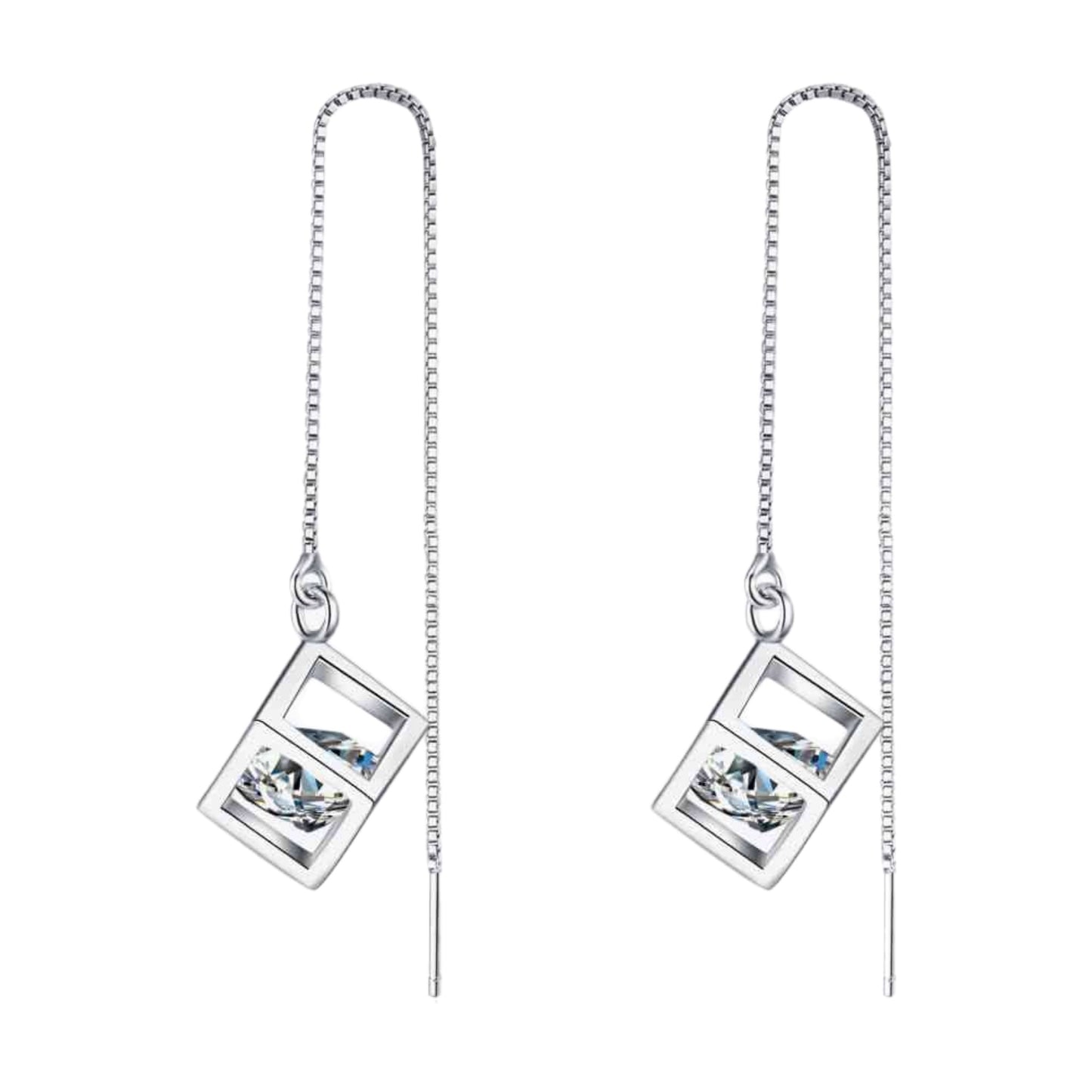 Moissanite Cube Threaded Dangle Sterling Silver Earrings