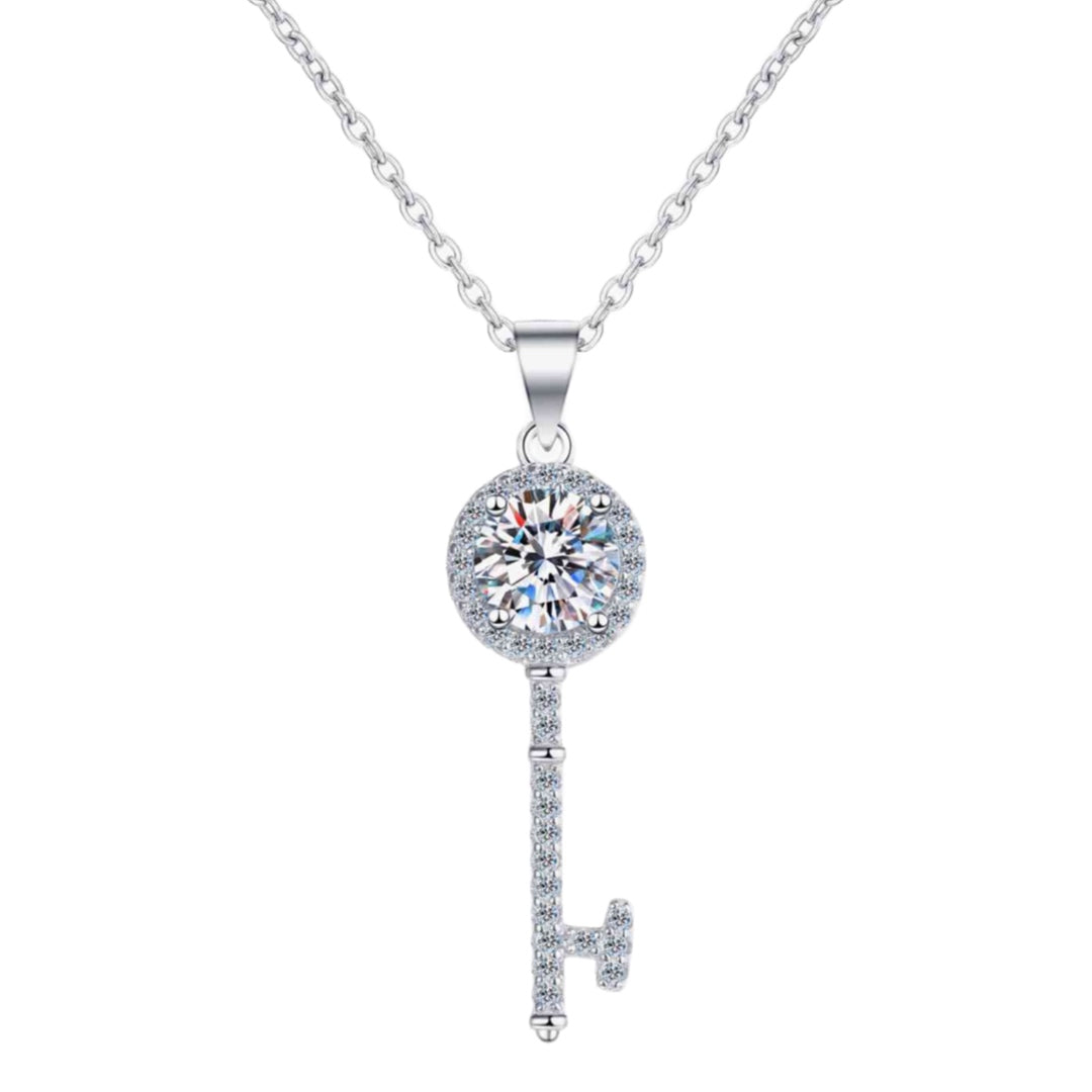 Moissanite Key Sterling Silver Charm Necklace