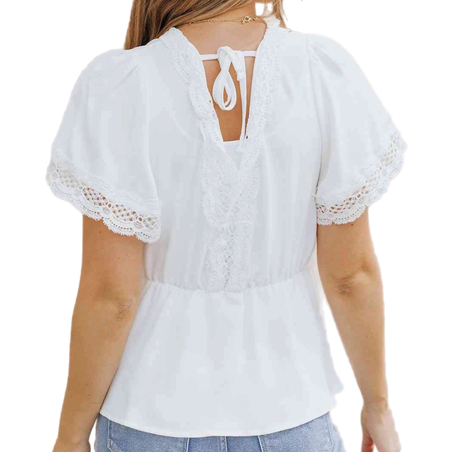 Lace Trim V-Neck Tied Peplum Blouse