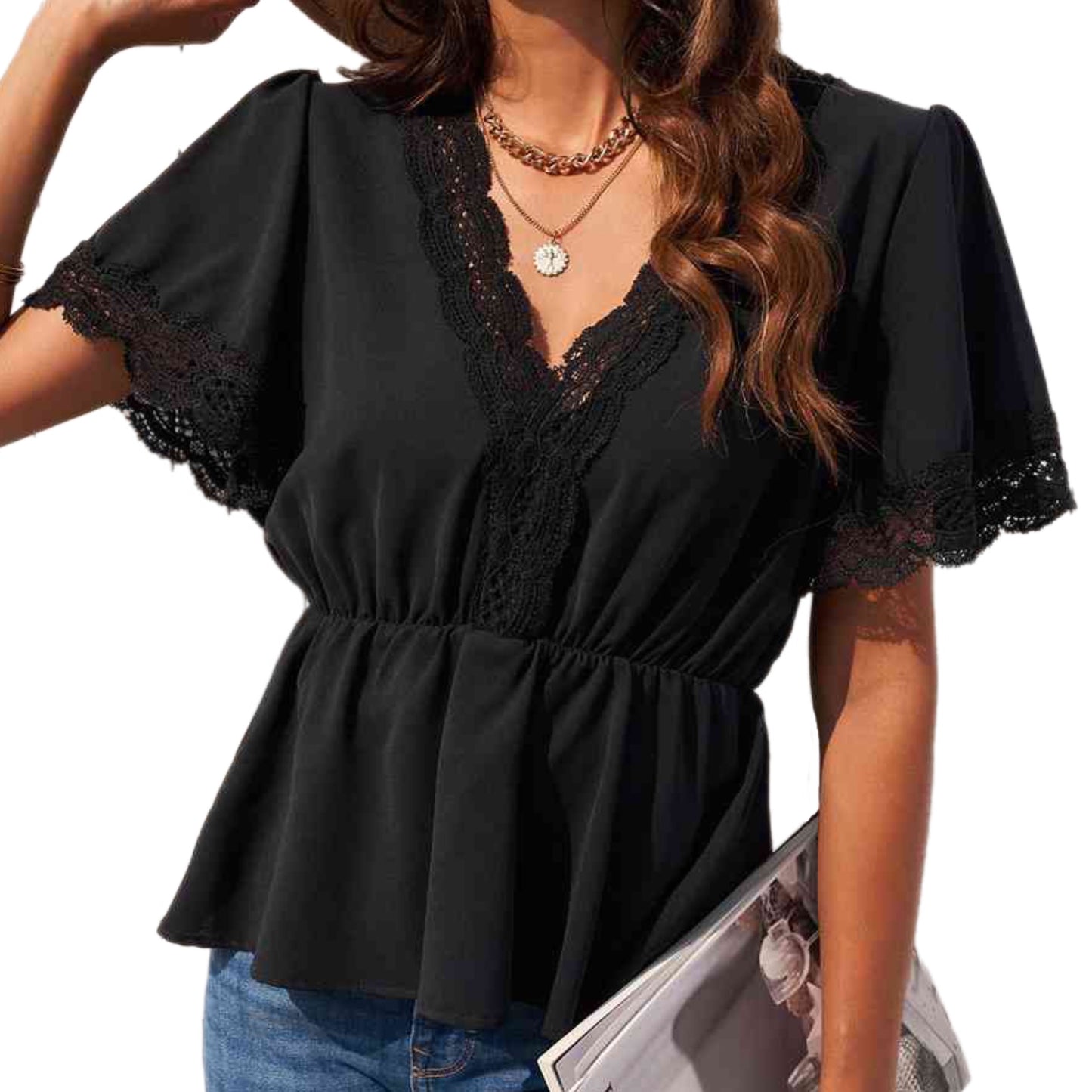 Lace Trim V-Neck Tied Peplum Blouse