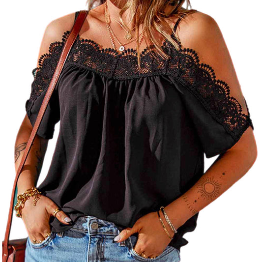 Spaghetti Strap Cold-Shoulder Lace Blouse