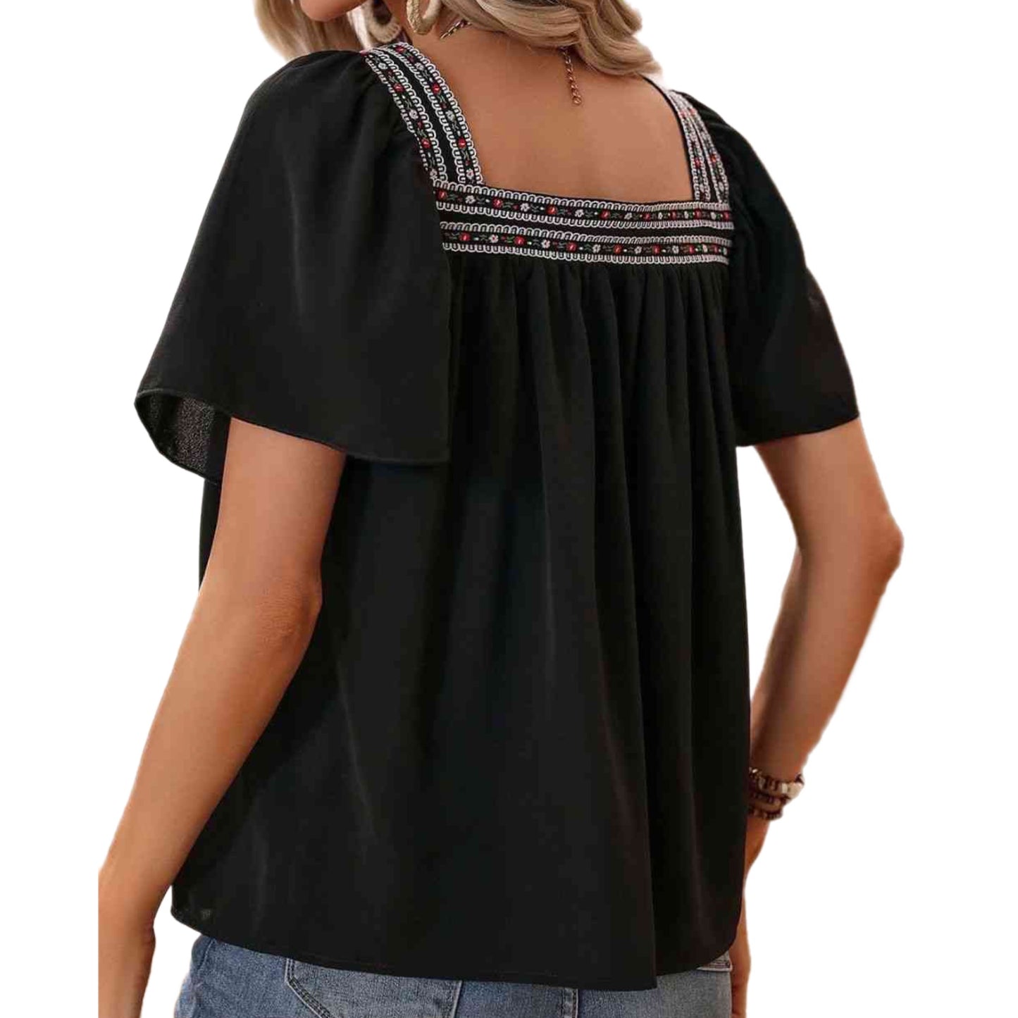 Contrast Embroidered Puff Sleeve Blouse