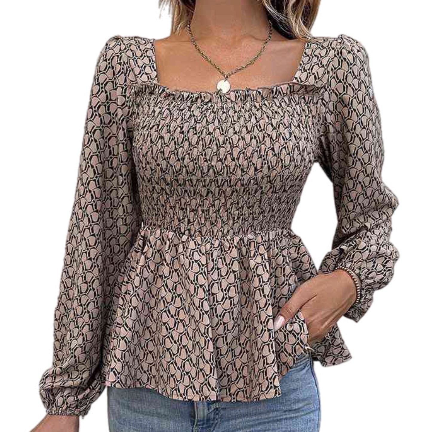 Printed Long Sleeve Flare Top