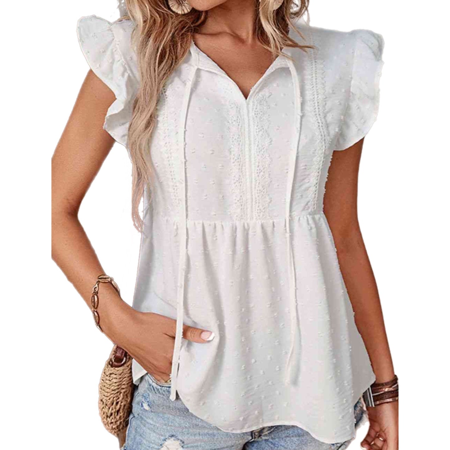 Swiss Dot Flutter Sleeve Peplum Blouse