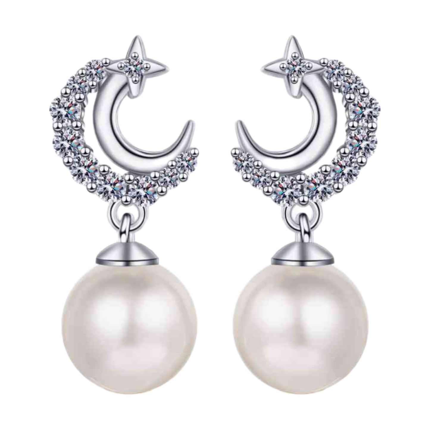 Crescent Moon Stud Dangle Sterling Silver Earrings with Pearls