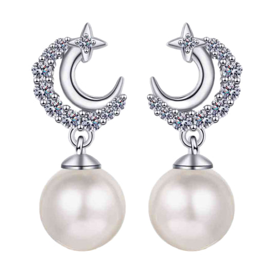 Crescent Moon Stud Dangle Sterling Silver Earrings with Pearls