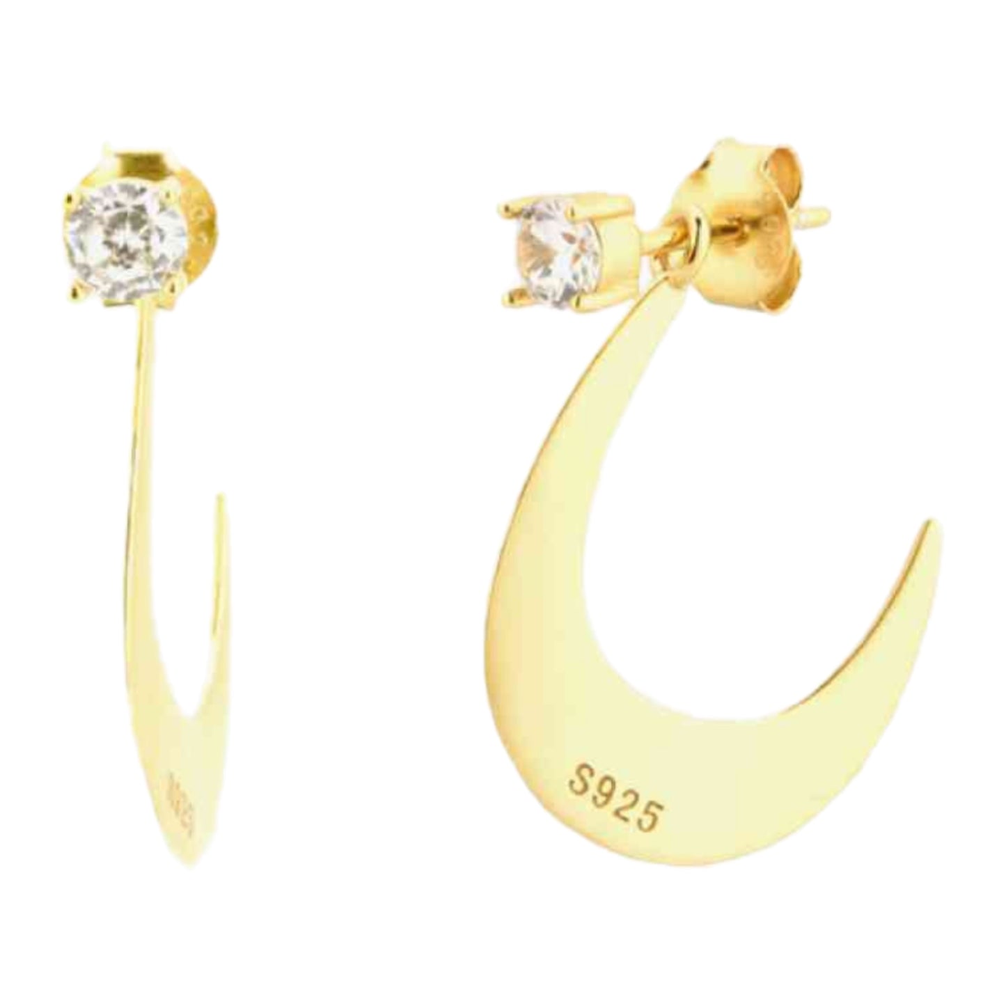 Gold Crescent Moon with CZ Dangle Stud Earrings