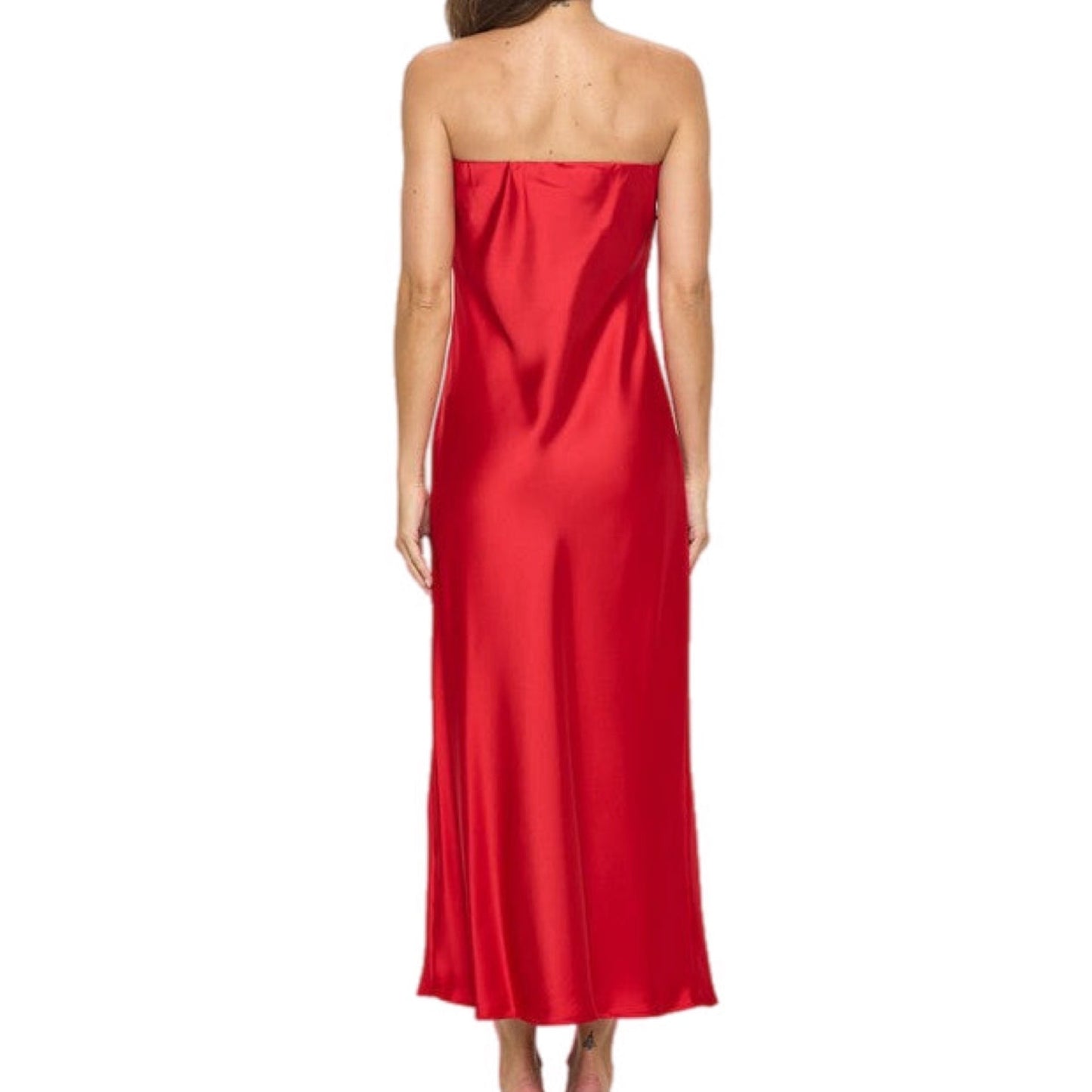 Red Silky Satin Tube Draped Dress