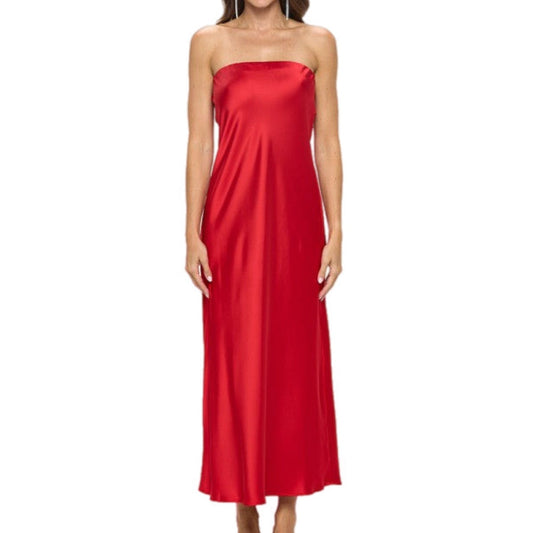 Red Silky Satin Tube Draped Dress