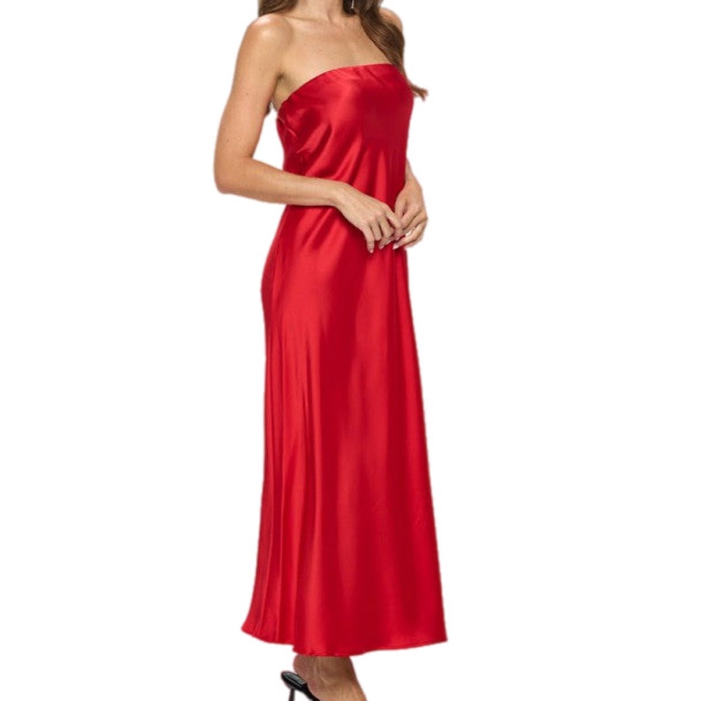 Red Silky Satin Tube Draped Dress