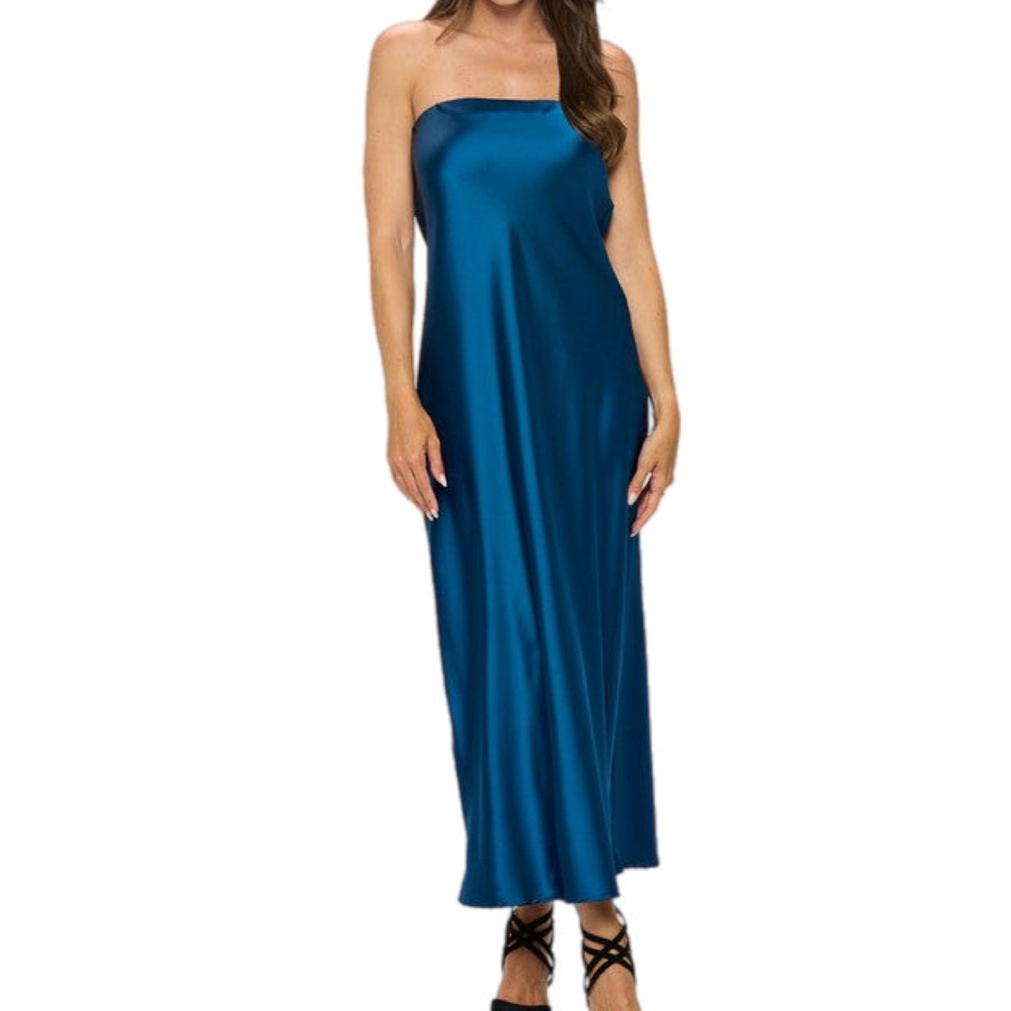 Teal Silky Satin Tube Draped Dress