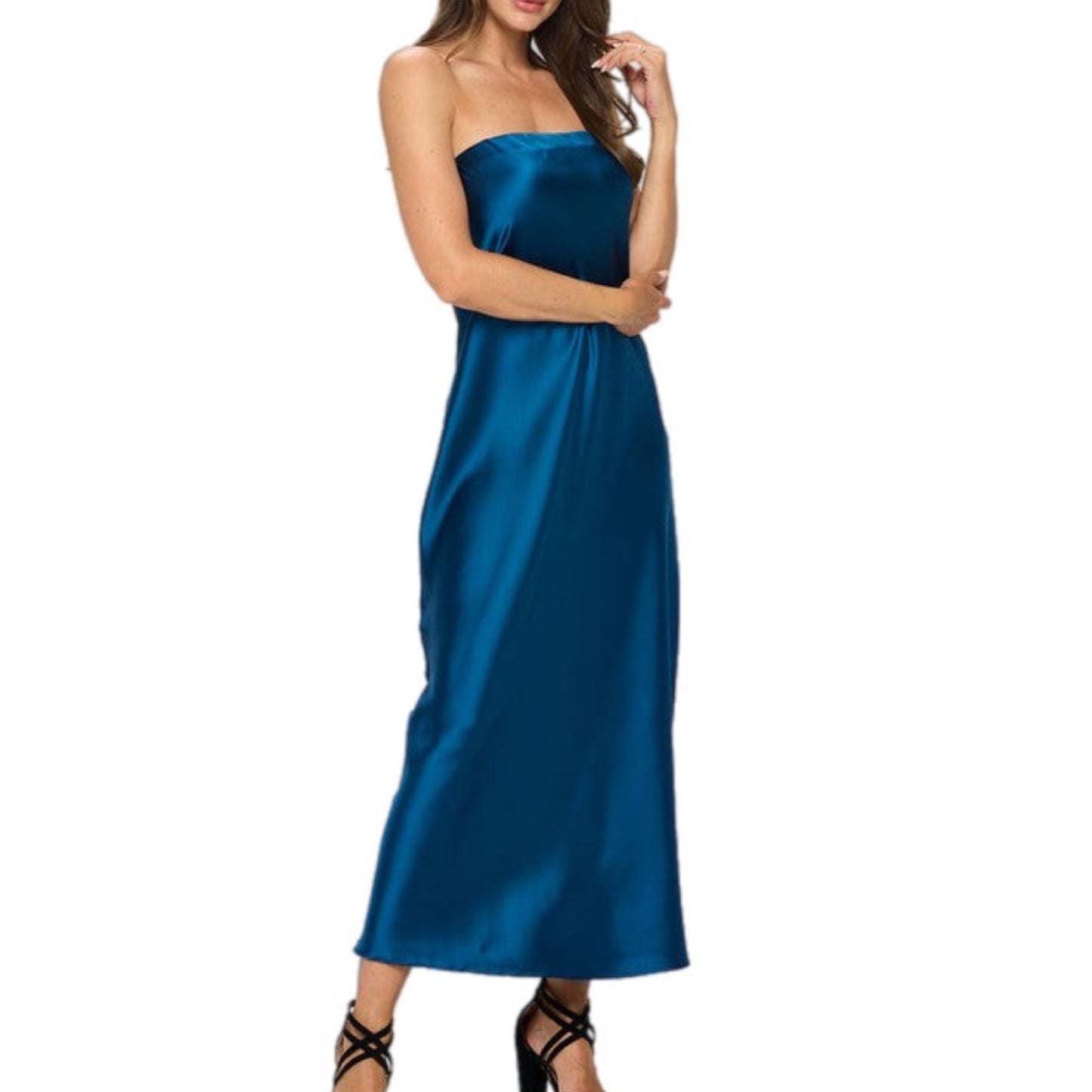 Teal Silky Satin Tube Draped Dress